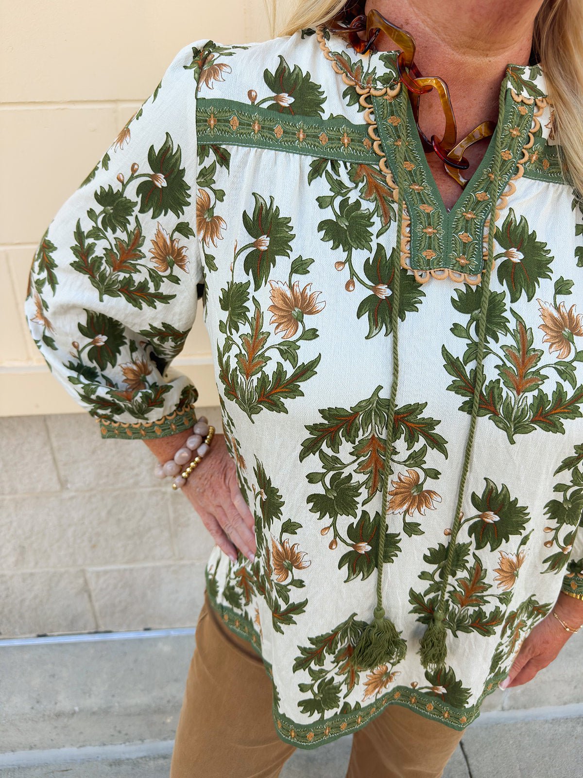 Harvest Trails Tassel Blouse in Olive - The Pink Pineapple 850