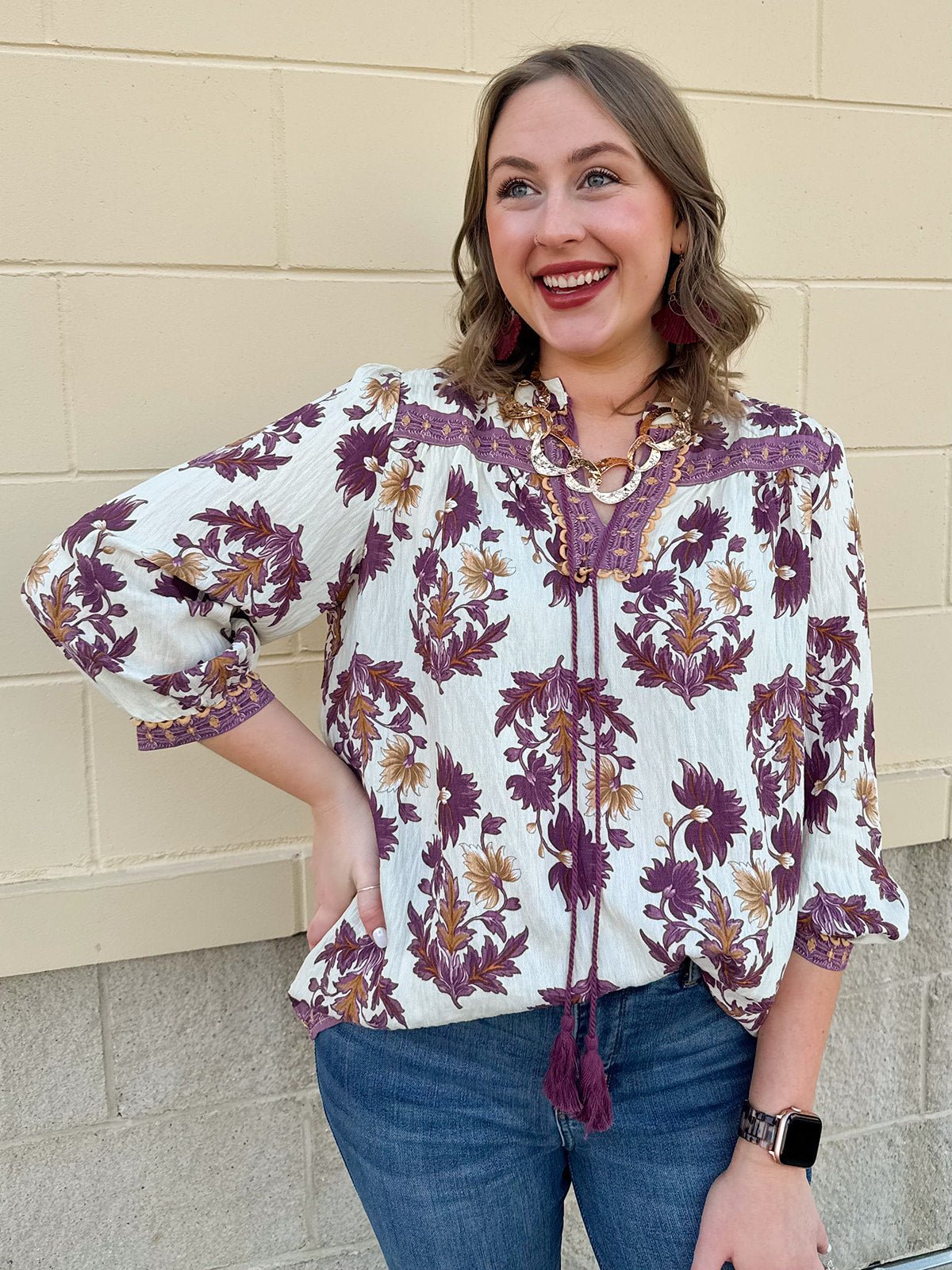 Harvest Trails Tassel Blouse in Wine - The Pink Pineapple 850