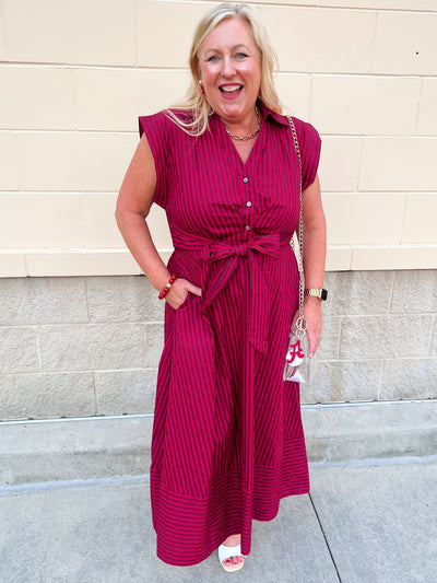 Heritage Stripe Maxi Dress in Garnet - The Pink Pineapple 850