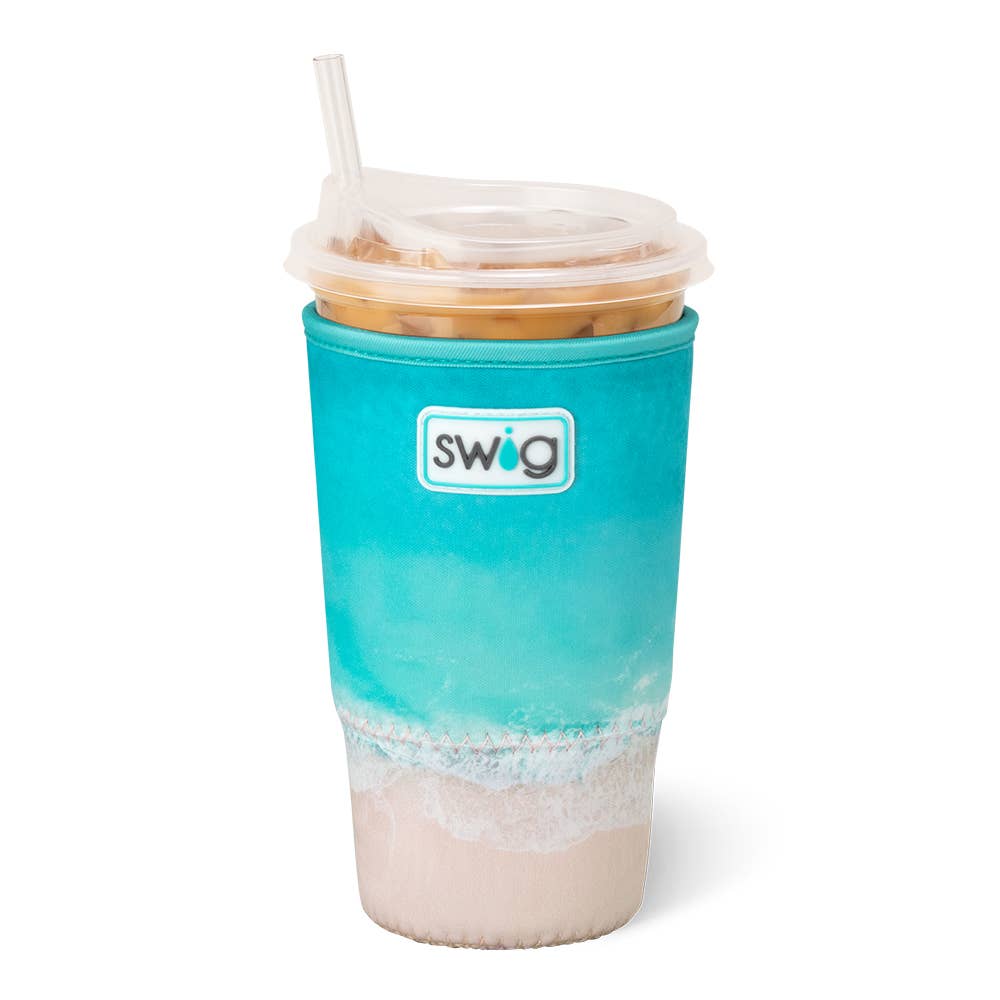 Crashing wave print neoprene large iced cup coolie with hand strap.