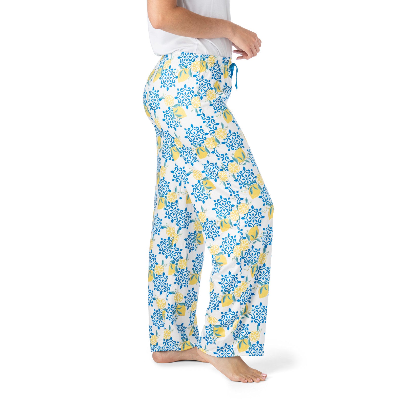 Sleepless in Santorini Lounge Pants Lemons Blue Yellow Drawstring