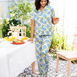 Sleepless in Santorini Lounge Pants Lemons Blue Yellow Drawstring