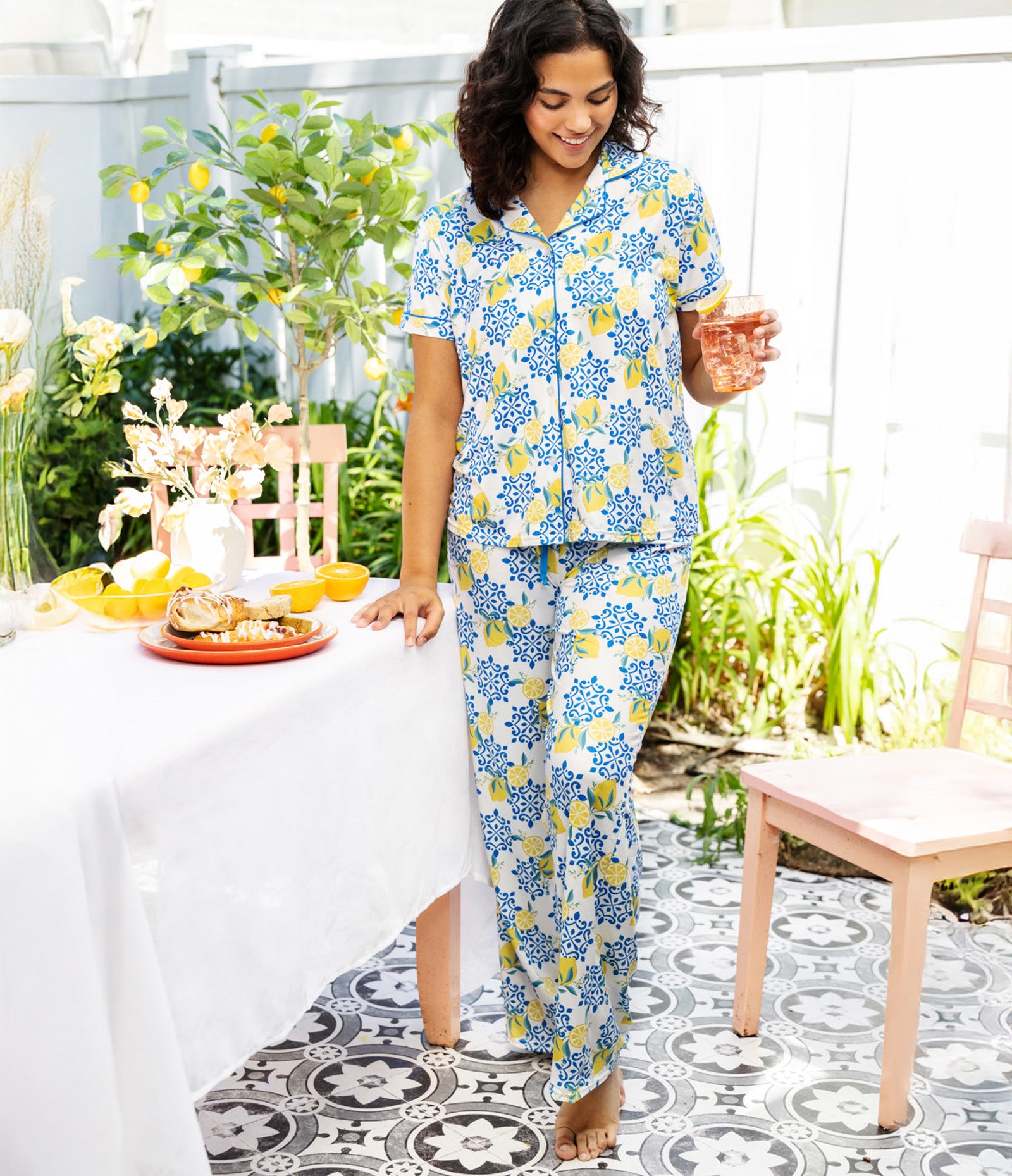 Sleepless in Santorini Lounge Pants Lemons Blue Yellow Drawstring