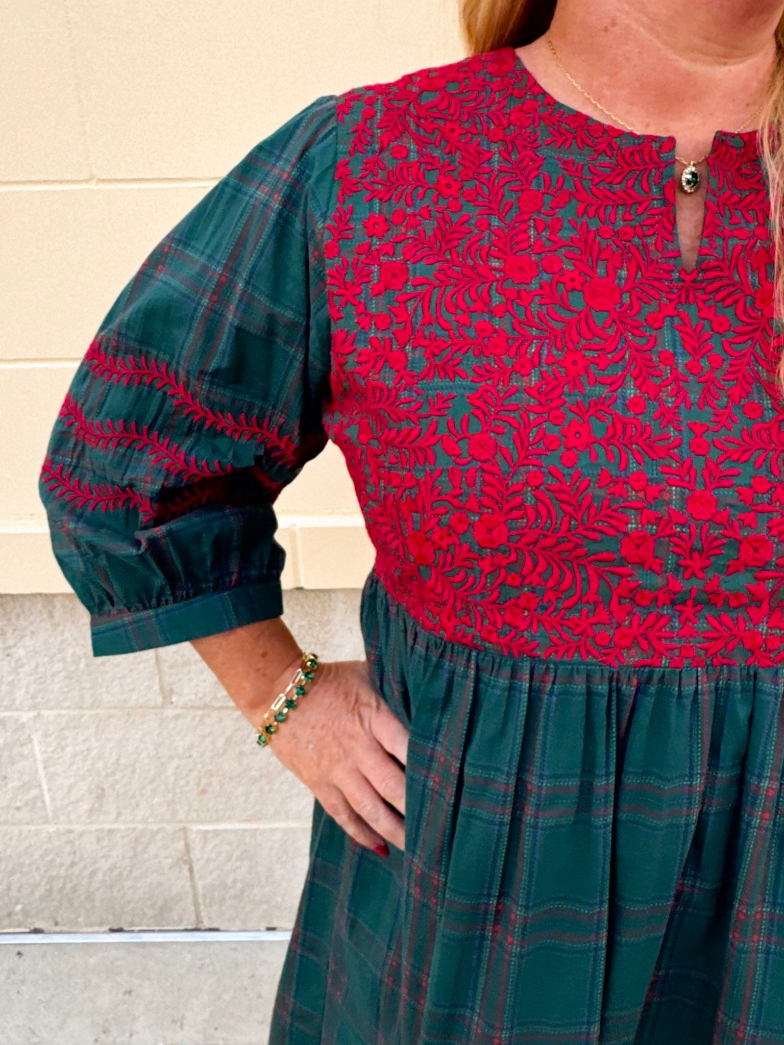 Holiday Charm Embroidered Plaid Mini Dress - The Pink Pineapple 850