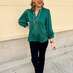 Holiday Everly Silky Split - Neck Top in Green - The Pink Pineapple 850