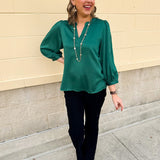 Holiday Everly Silky Split - Neck Top in Green - The Pink Pineapple 850