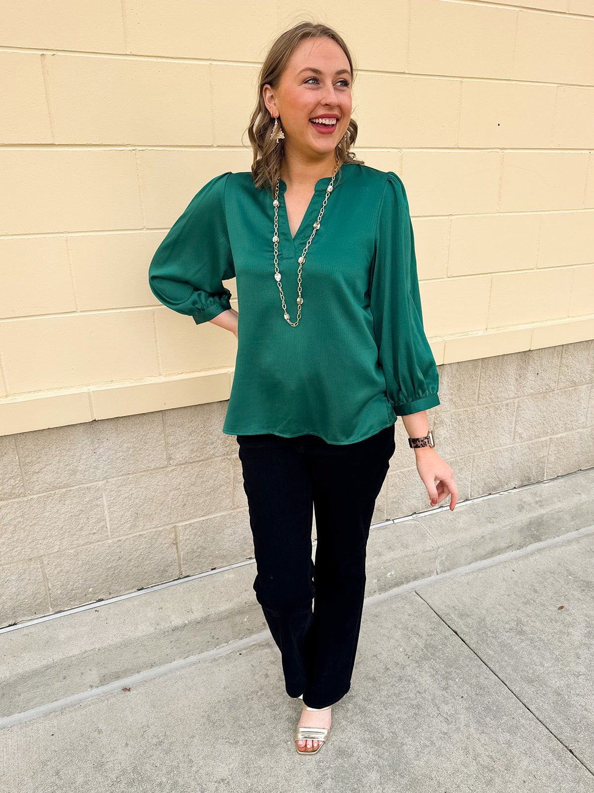 Holiday Everly Silky Split - Neck Top in Green - The Pink Pineapple 850