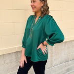 Holiday Everly Silky Split - Neck Top in Green - The Pink Pineapple 850