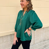 Holiday Everly Silky Split - Neck Top in Green - The Pink Pineapple 850