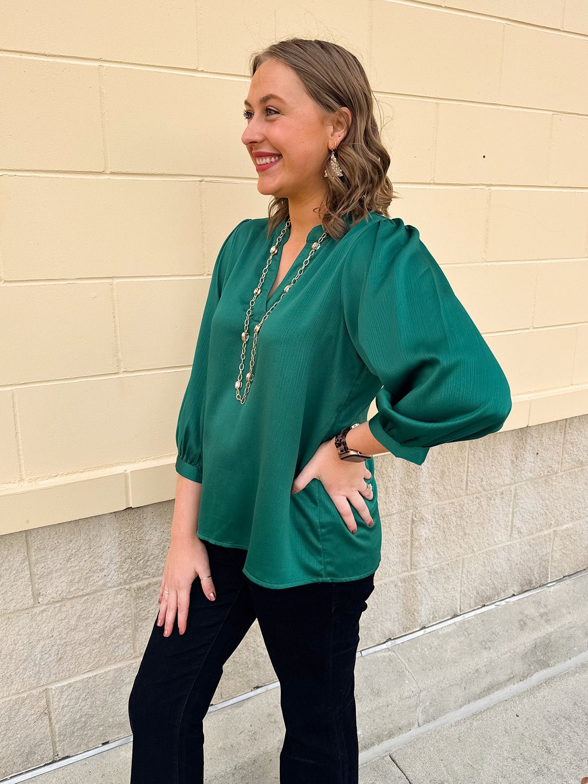 Holiday Everly Silky Split - Neck Top in Green - The Pink Pineapple 850