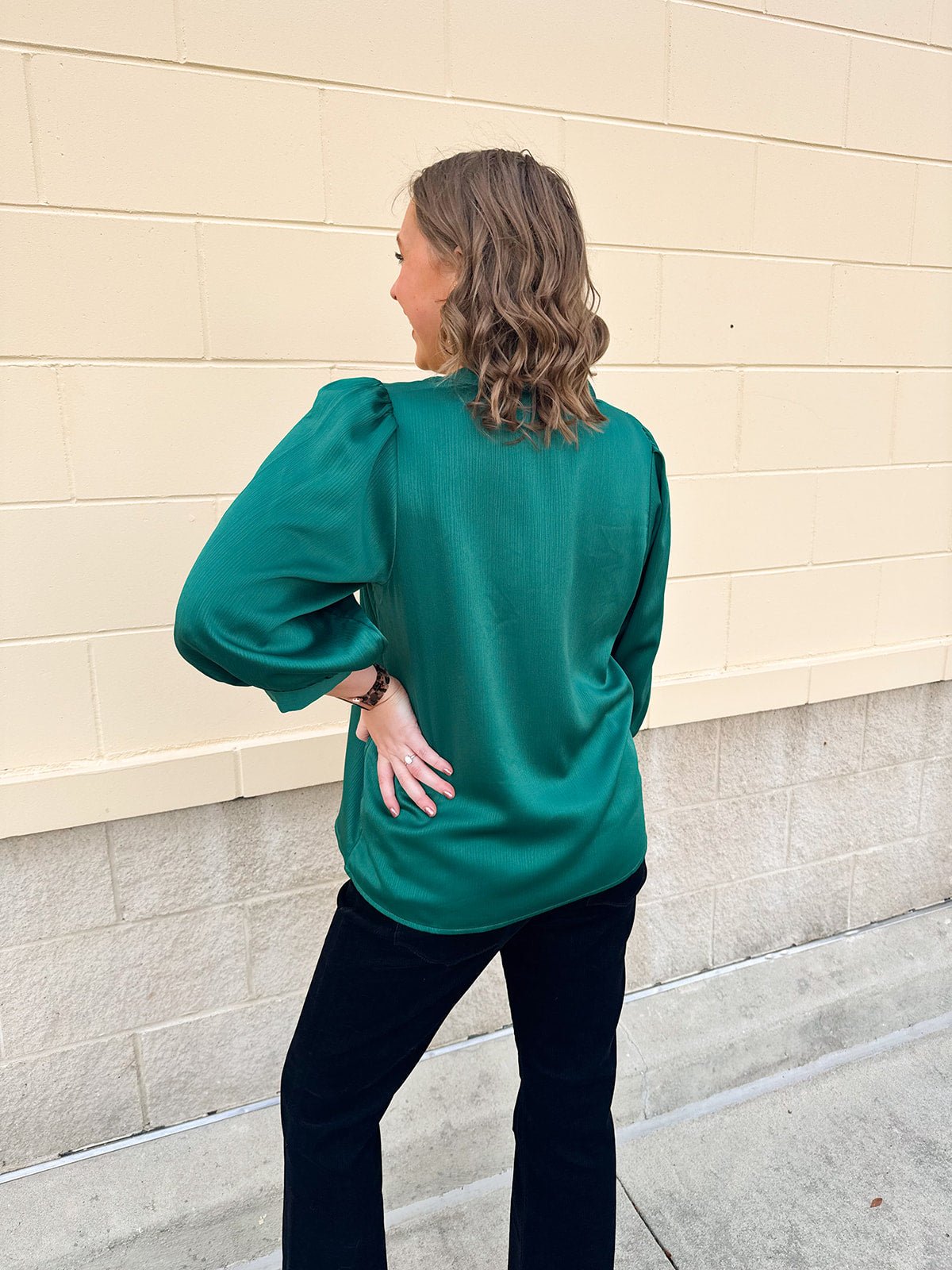 Holiday Everly Silky Split - Neck Top in Green - The Pink Pineapple 850