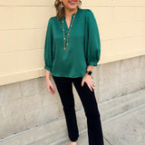 Holiday Everly Silky Split - Neck Top in Green - The Pink Pineapple 850