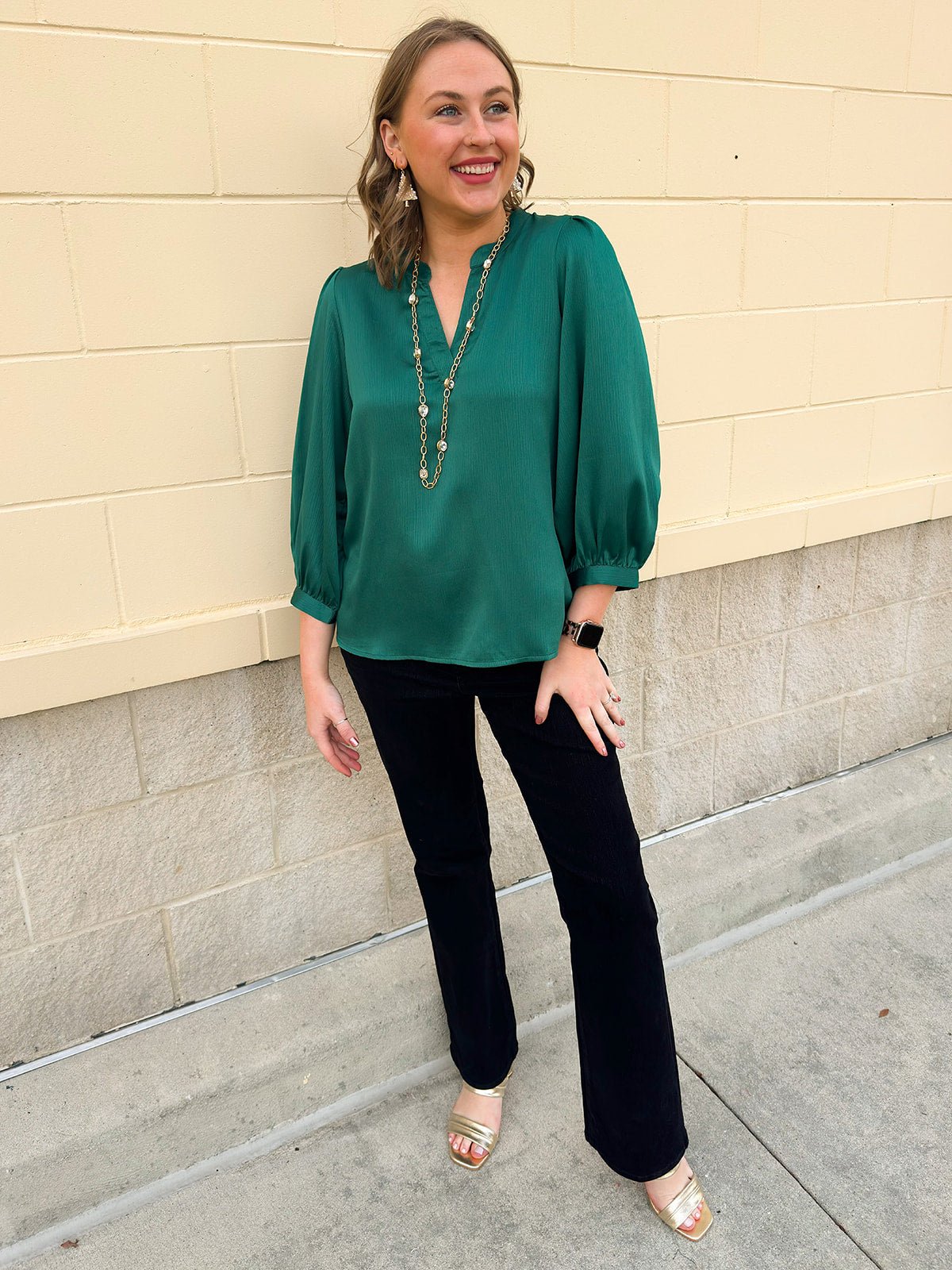 Holiday Everly Silky Split - Neck Top in Green - The Pink Pineapple 850