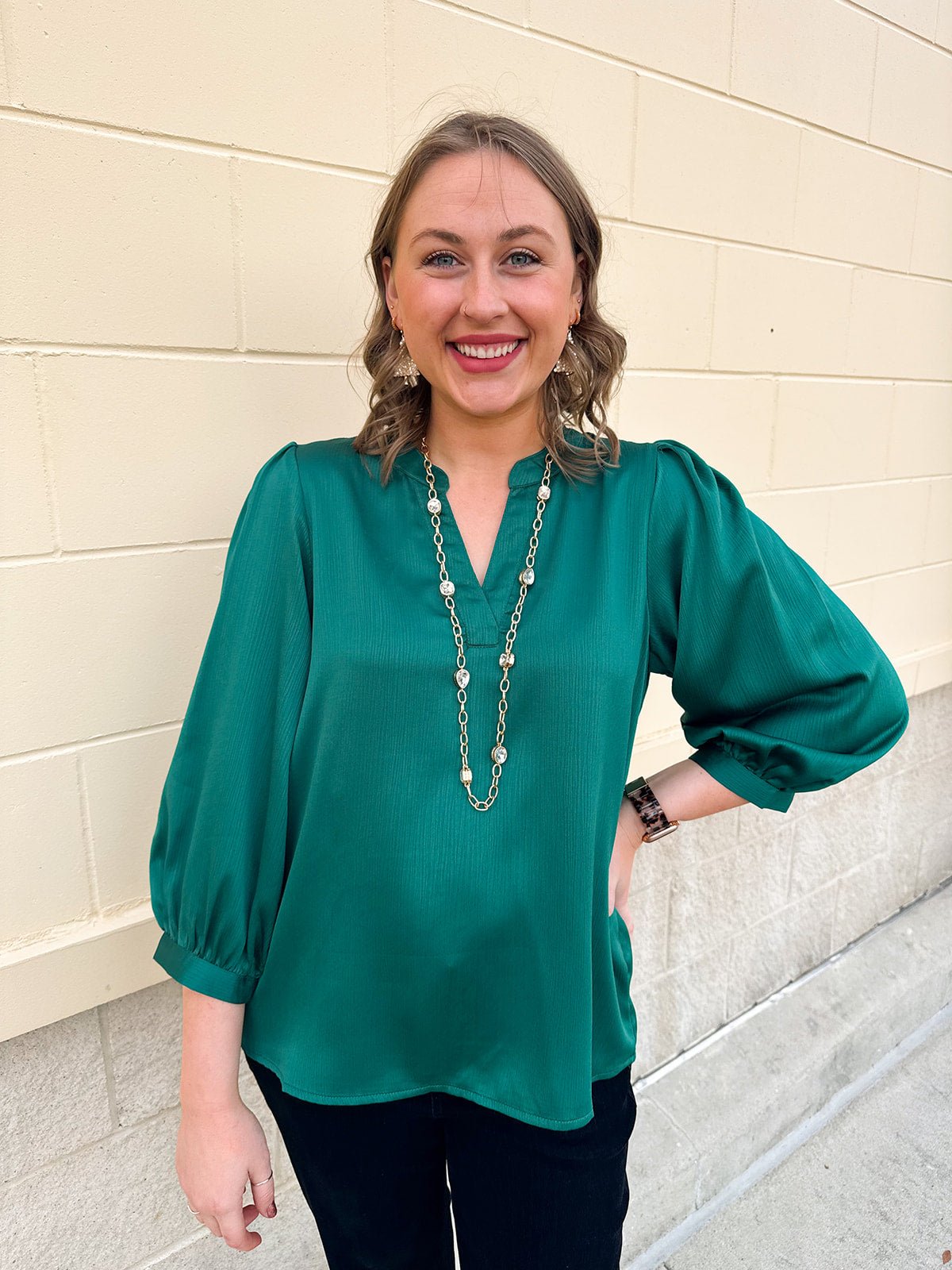 Holiday Everly Silky Split - Neck Top in Green - The Pink Pineapple 850