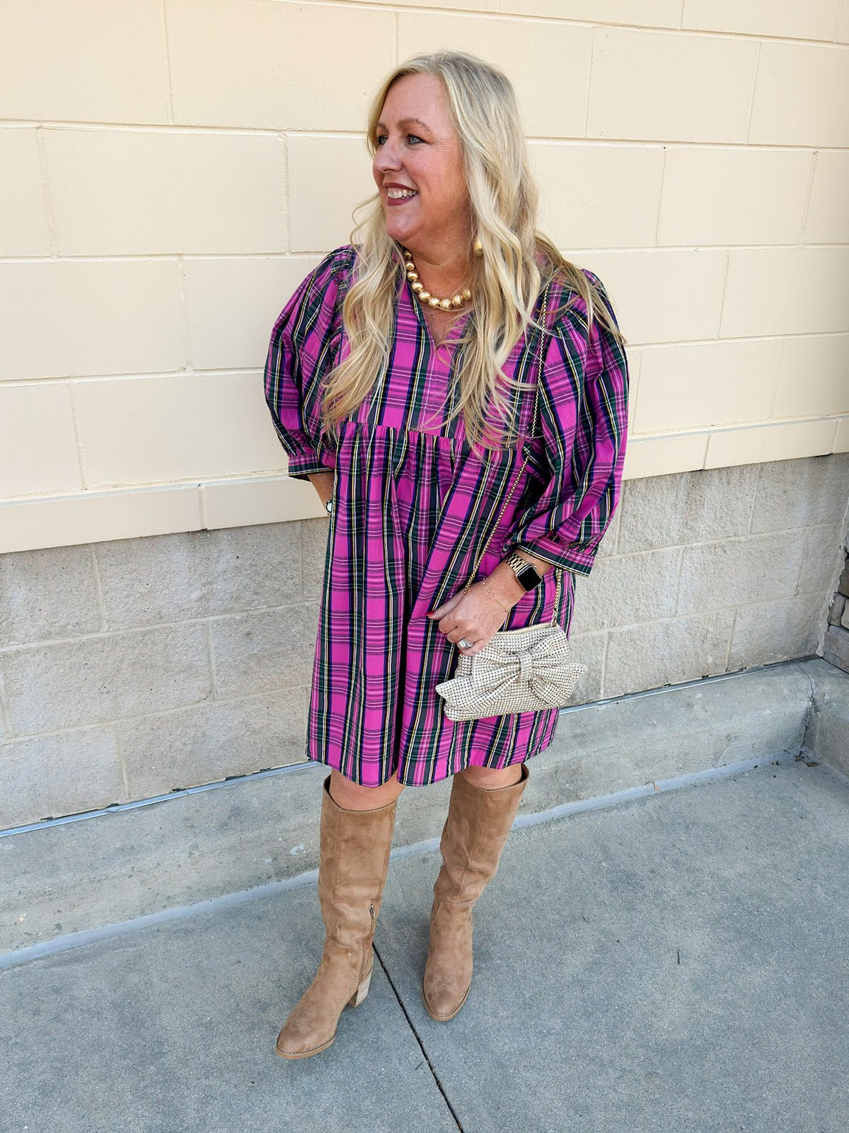 Holiday in Pink Tartan Balloon Sleeve Mini Dress - The Pink Pineapple 850