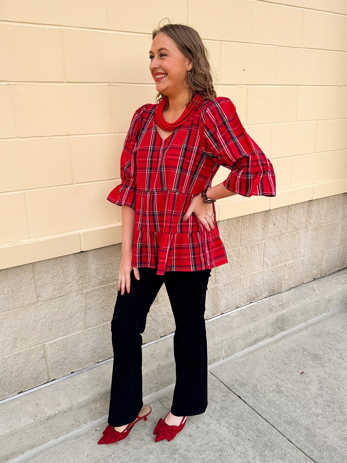Holly Days Tiered Plaid Top in Red - The Pink Pineapple 850