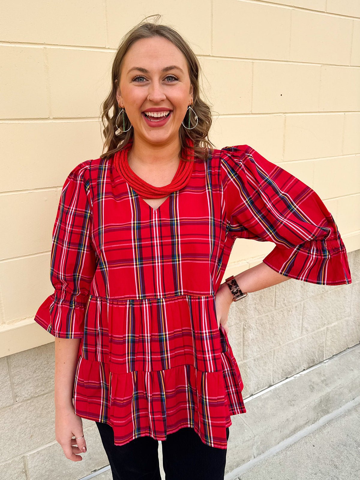 Holly Days Tiered Plaid Top in Red - The Pink Pineapple 850