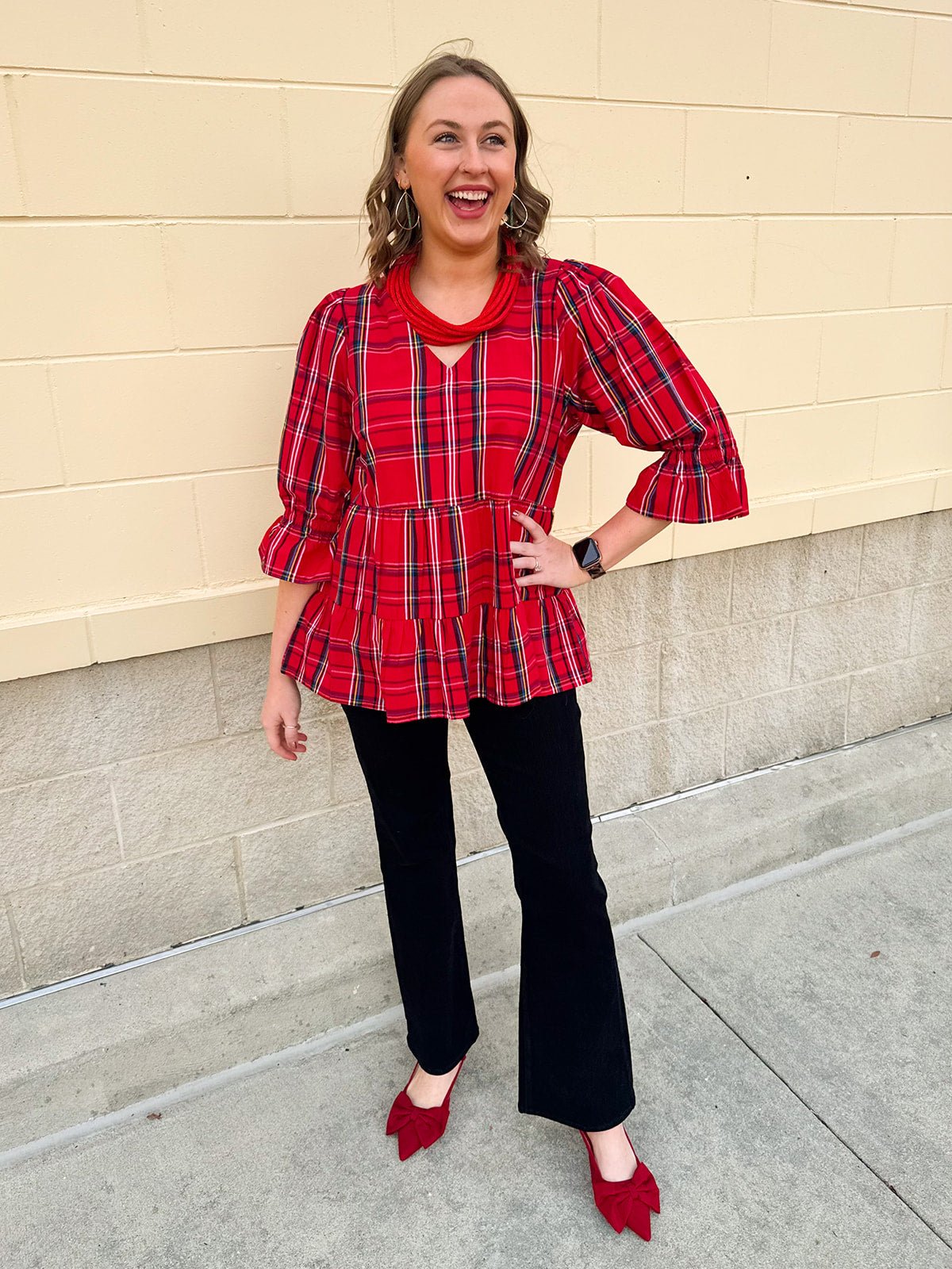Holly Days Tiered Plaid Top in Red - The Pink Pineapple 850