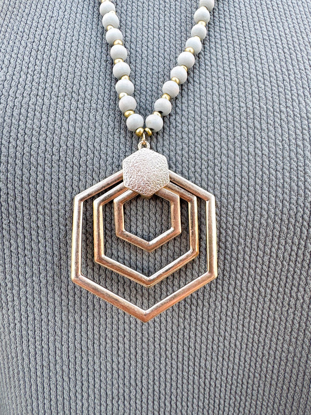 Honeycomb Wooden Beaded Long Necklace in Grey - The Pink Pineapple 850