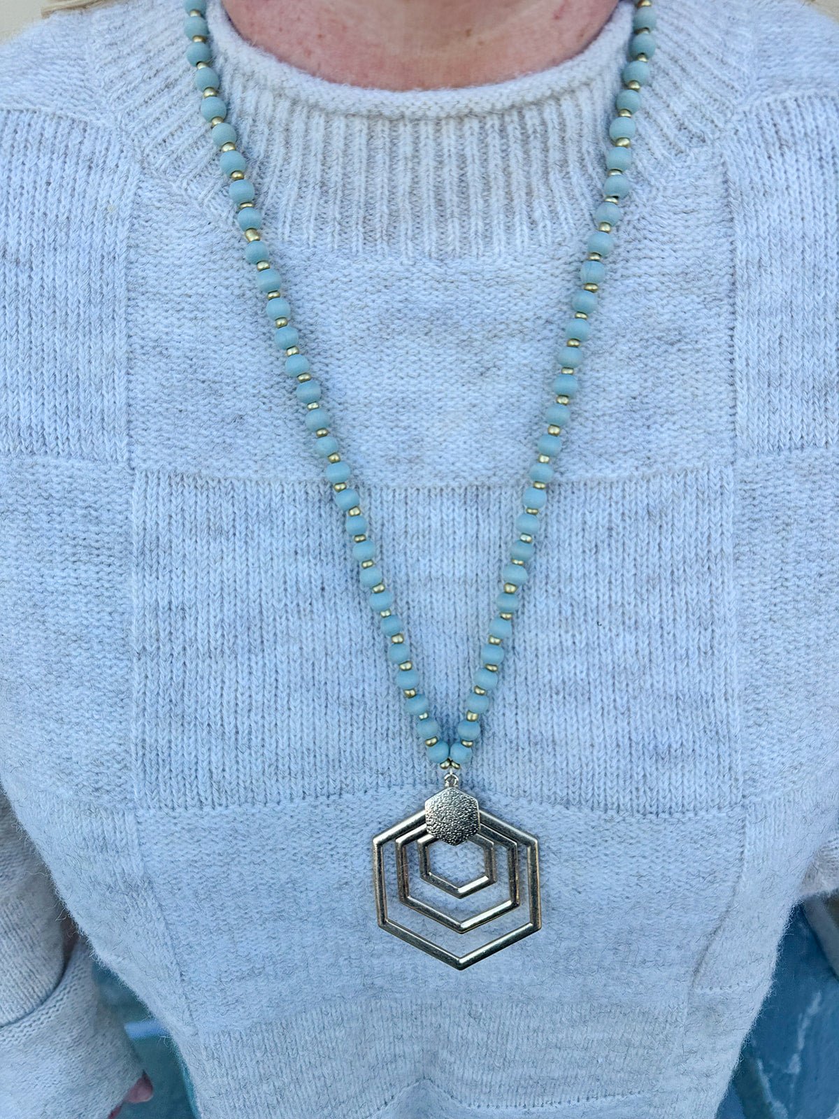 Honeycomb Wooden Beaded Long Necklace in Grey - The Pink Pineapple 850