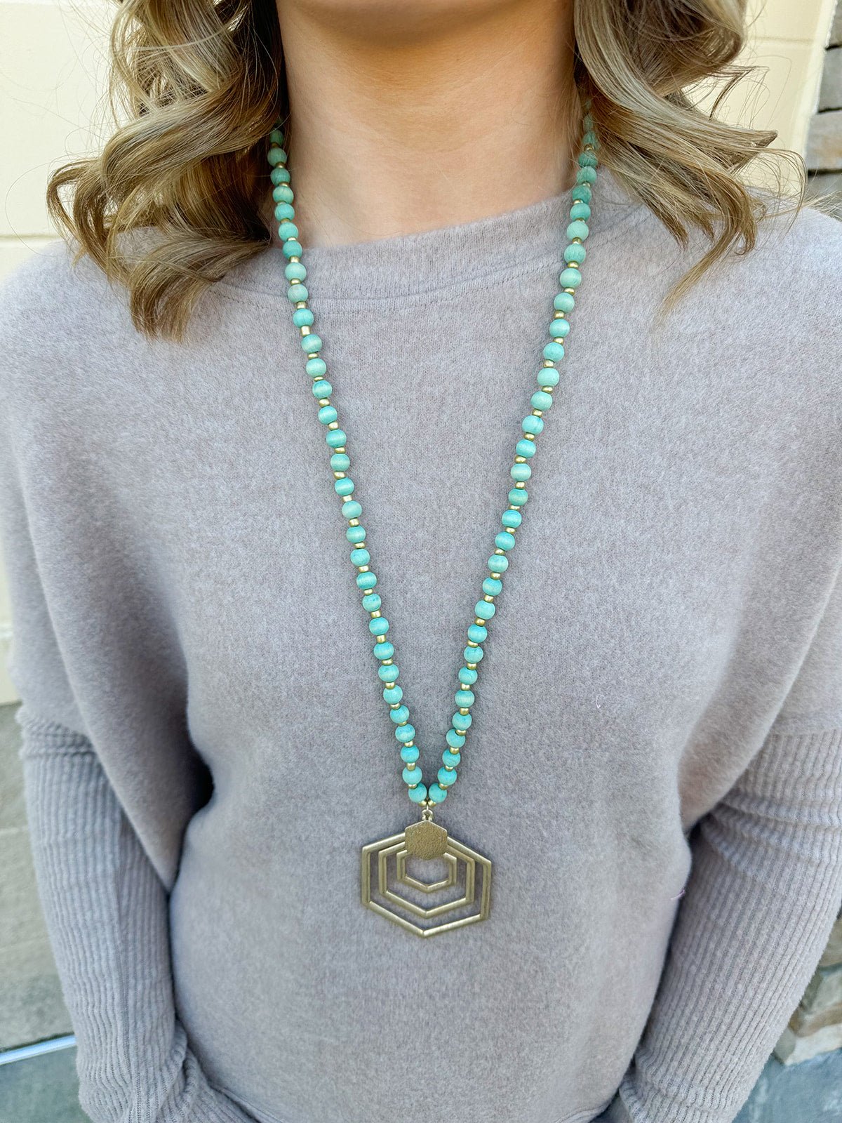 Honeycomb Wooden Beaded Long Necklace in Mint - The Pink Pineapple 850