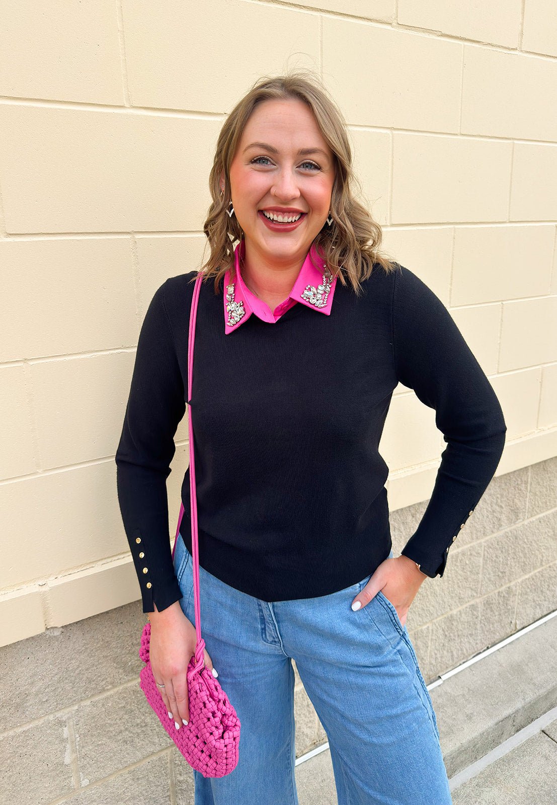 Hot Pink Faux Collar with Rhinestones - The Pink Pineapple 850