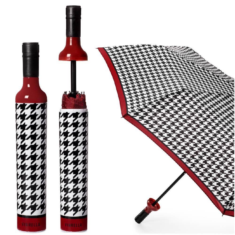 black and white houndstooth umbrella with burgundy lining