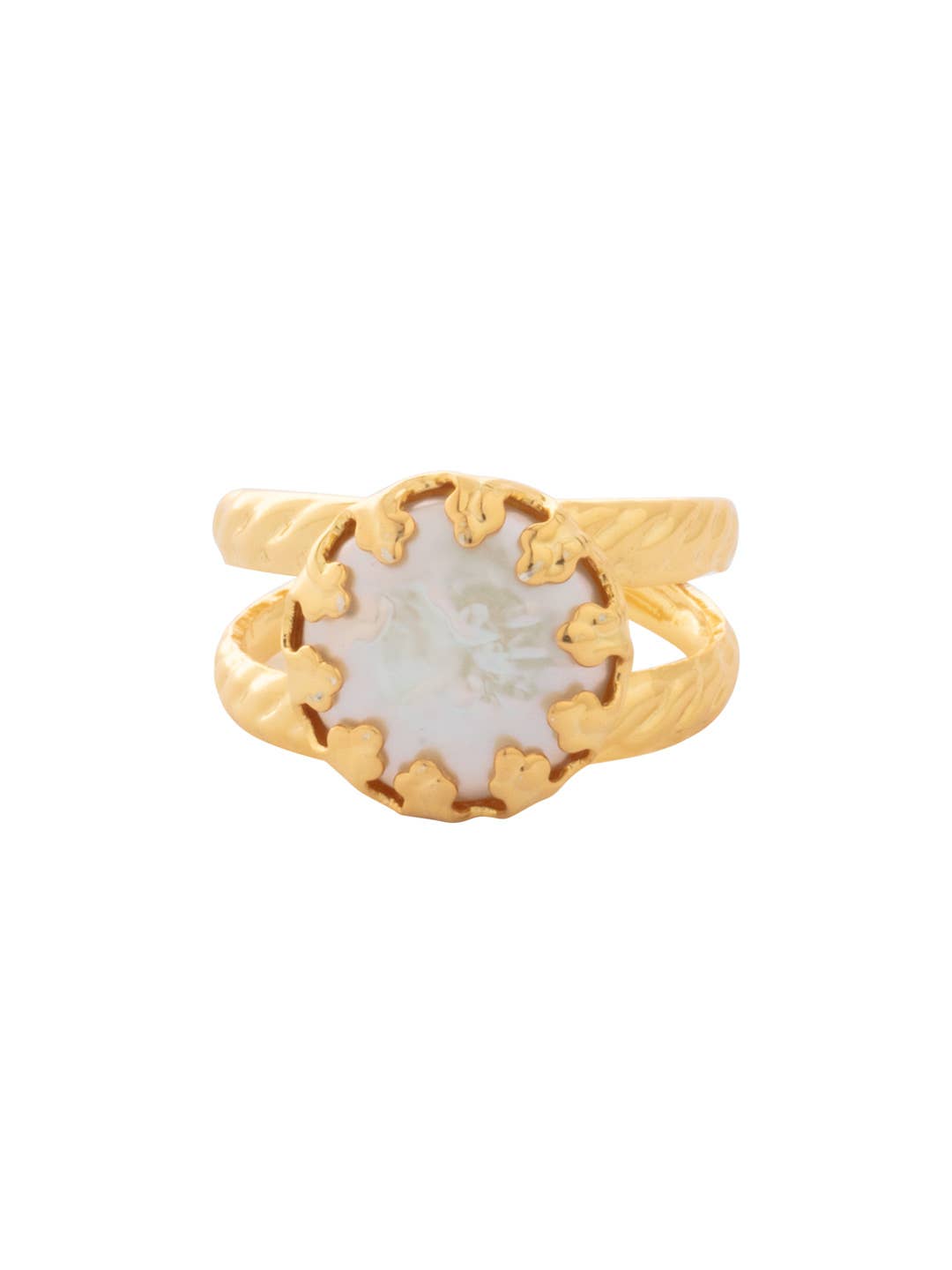 Double band cocktail ring with a freshwater pearl centerpiece in gold-tone finish.