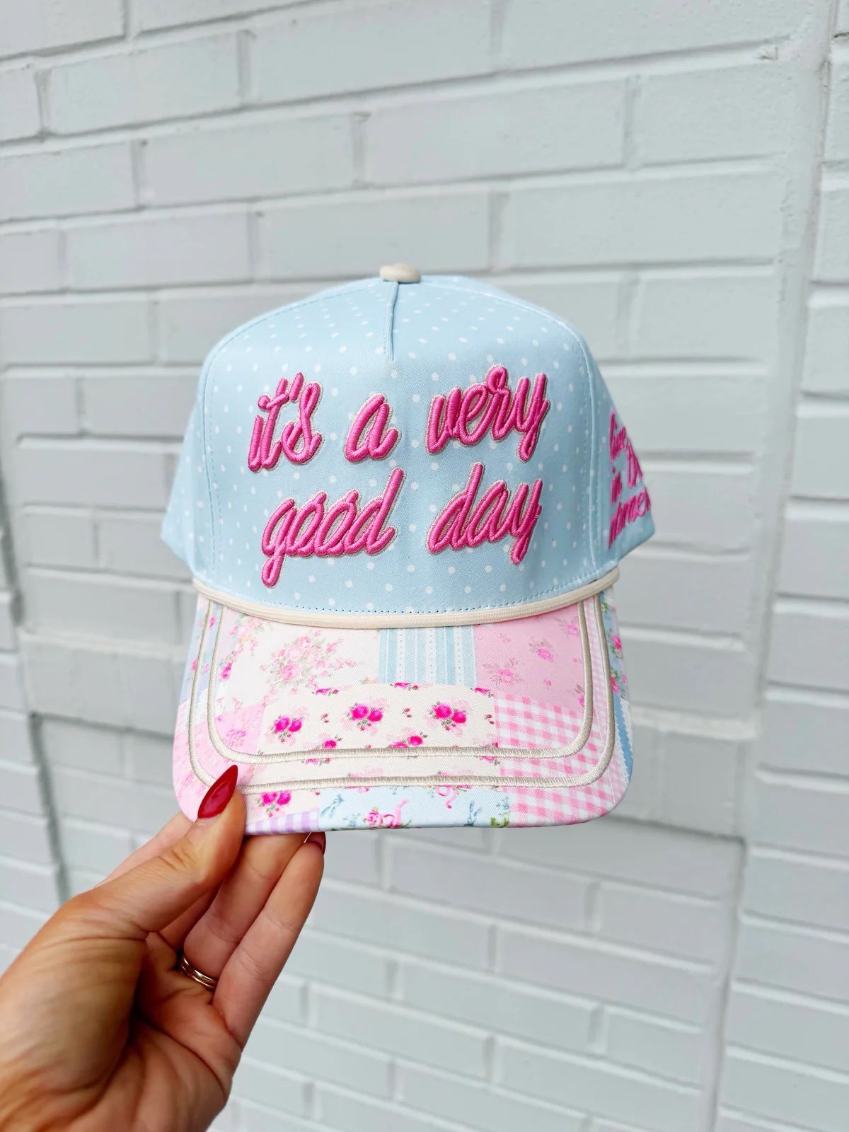 “It’s a Very Good Day” Light Blue Polka Dot Trucker Hat - The Pink Pineapple 850