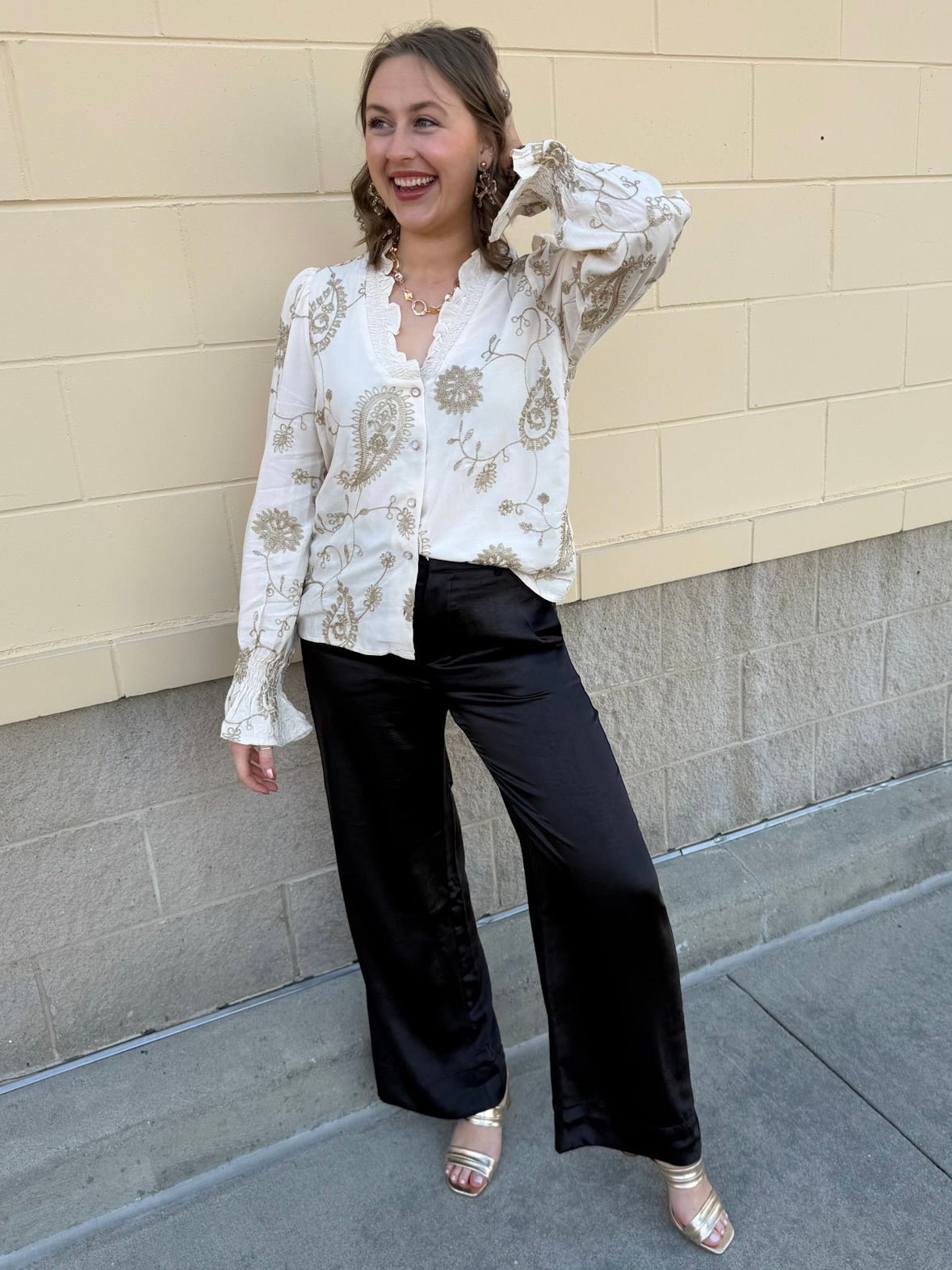 Ivory Blossom Button - Front Ruffle Blouse - The Pink Pineapple 850