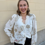 Ivory Blossom Button - Front Ruffle Blouse - The Pink Pineapple 850