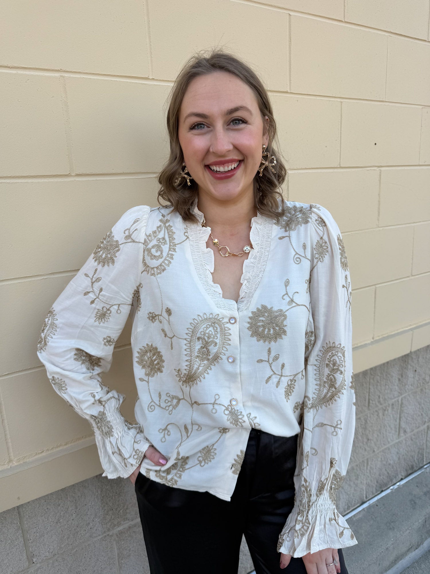 Ivory Blossom Button - Front Ruffle Blouse - The Pink Pineapple 850