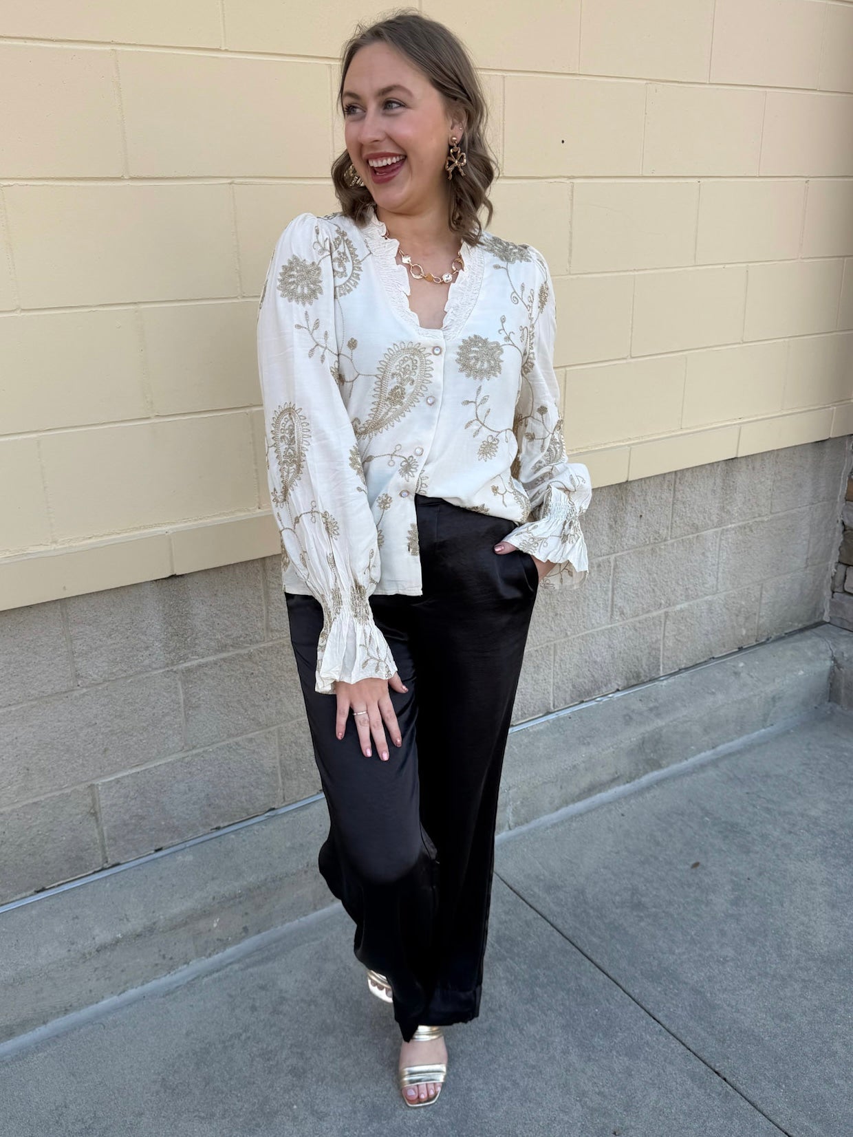 Ivory Blossom Button - Front Ruffle Blouse - The Pink Pineapple 850