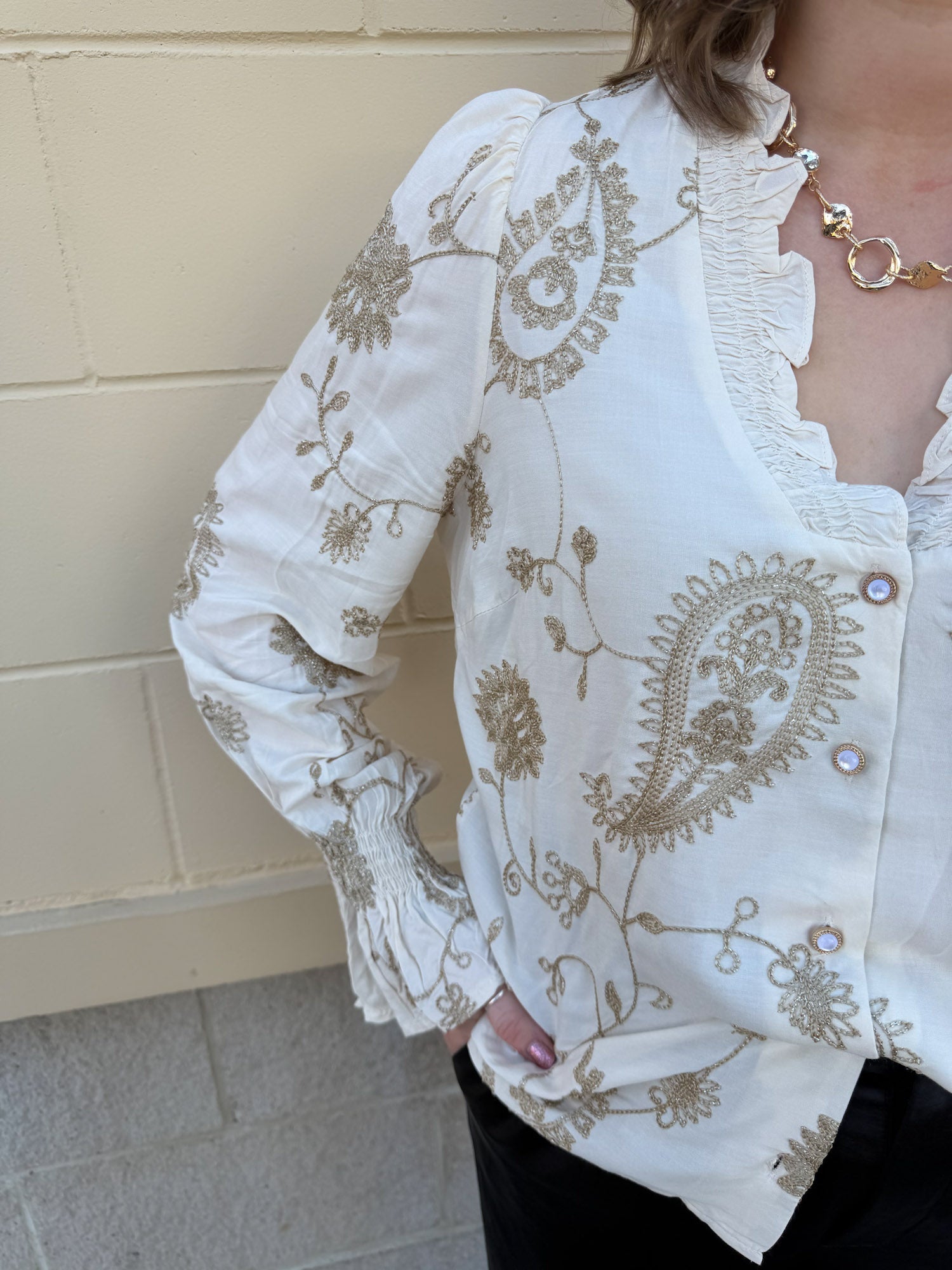 Ivory Blossom Button - Front Ruffle Blouse - The Pink Pineapple 850