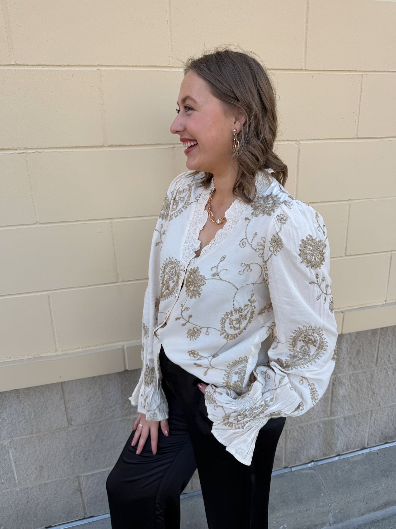 Ivory Blossom Button - Front Ruffle Blouse - The Pink Pineapple 850