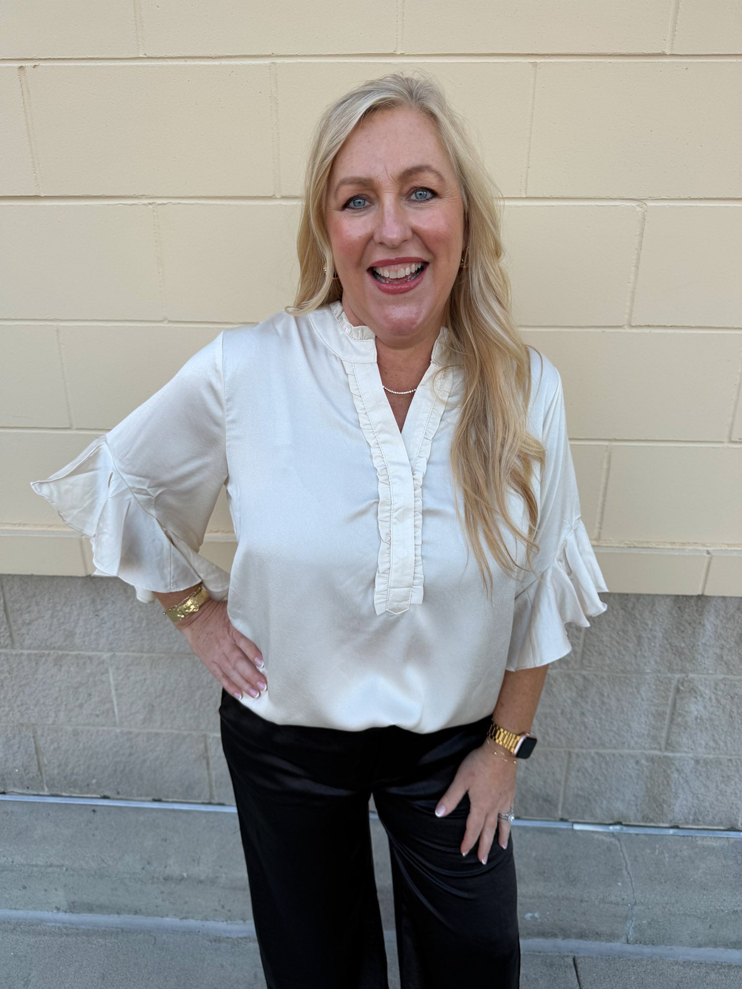 Ivory Grace Pleated V - Neck Blouse - The Pink Pineapple 850