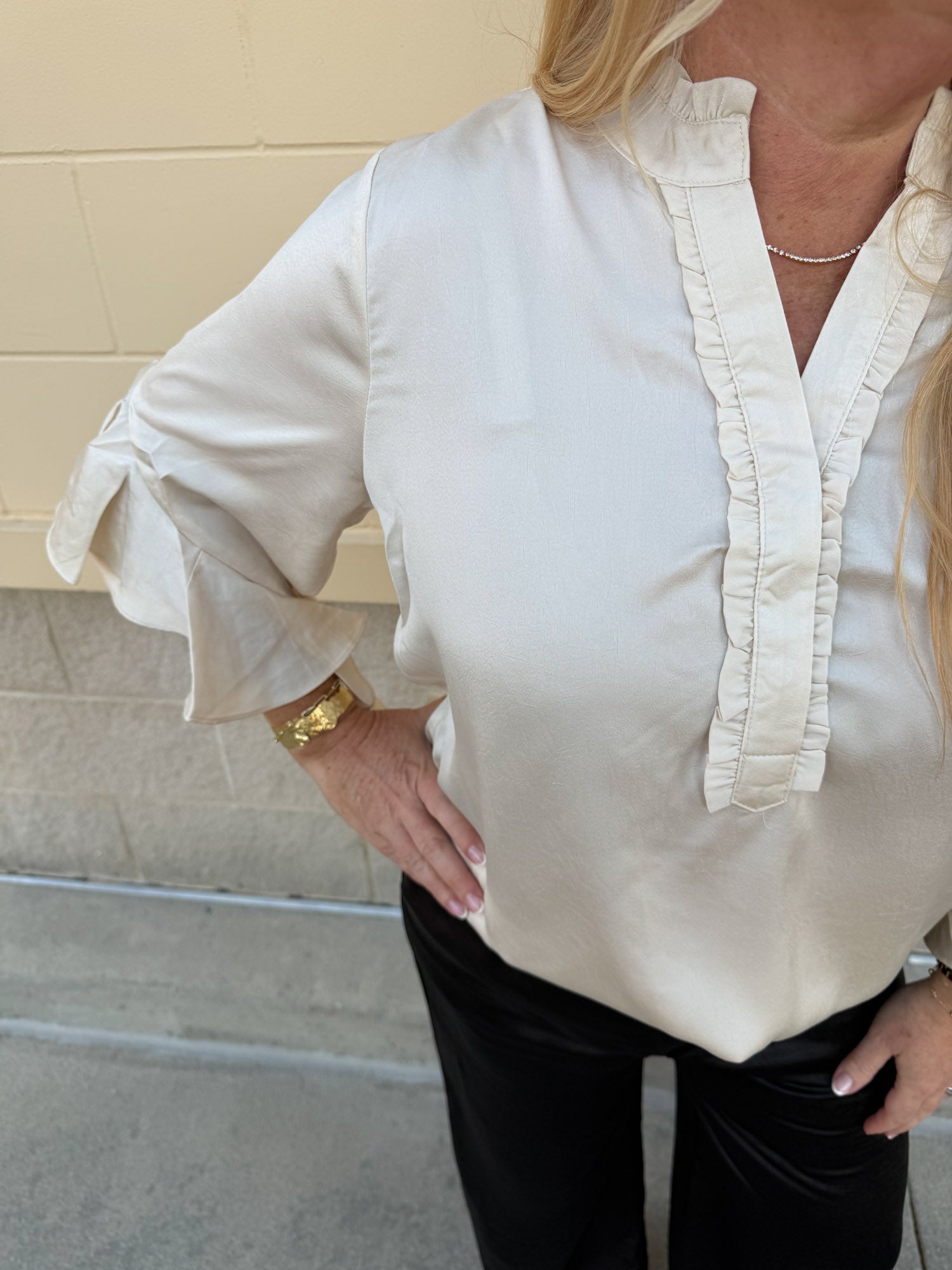 Ivory Grace Pleated V - Neck Blouse - The Pink Pineapple 850