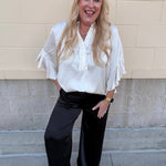 Ivory Grace Pleated V - Neck Blouse - The Pink Pineapple 850