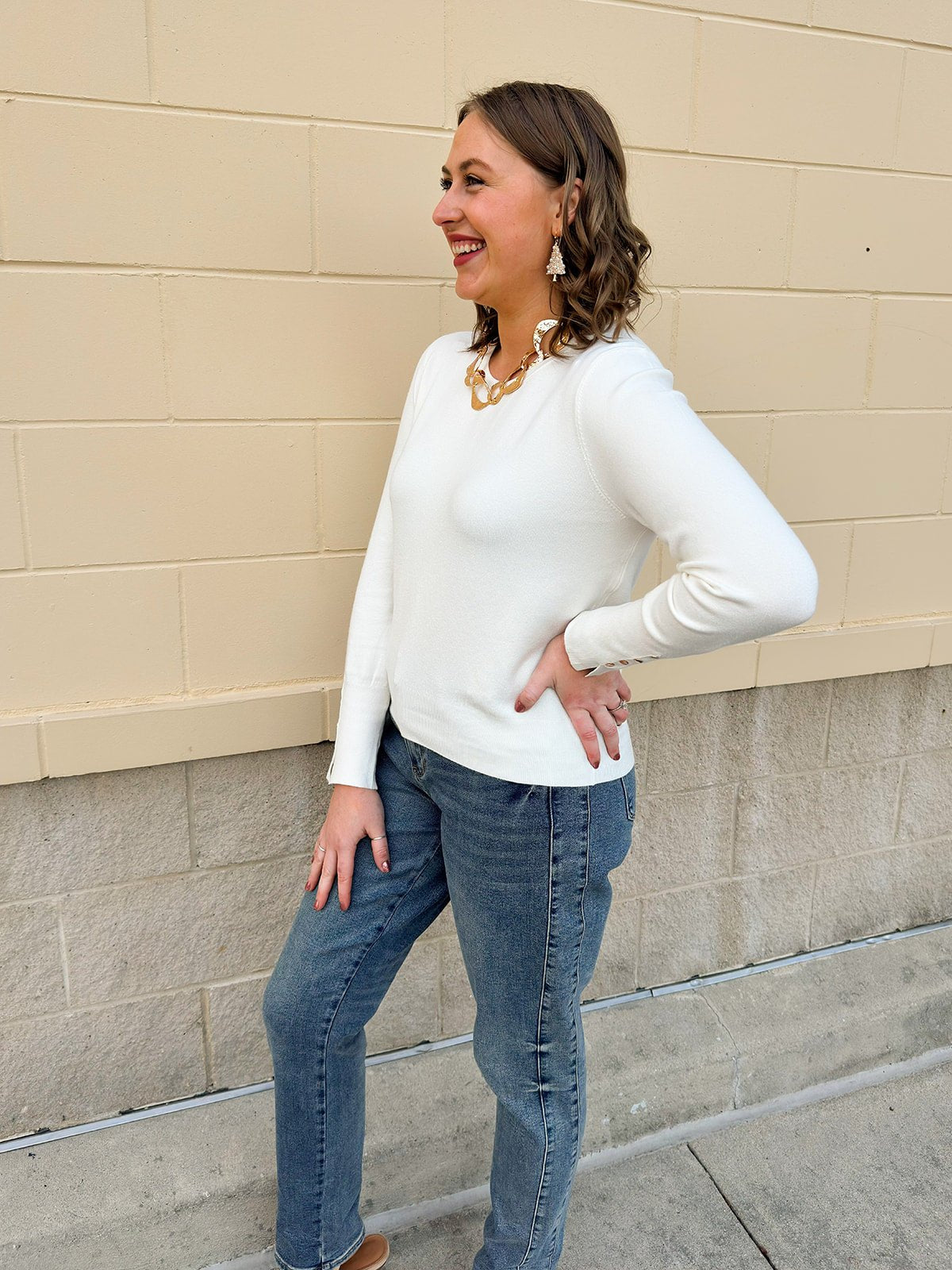 Ivory Poise Button - Cuff Knit Top - The Pink Pineapple 850