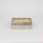 Silver mosaic three-wick candle with a rectangular silhouette, displayed as elegant home décor