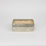 Silver mosaic three-wick candle with a rectangular silhouette, displayed as elegant home décor