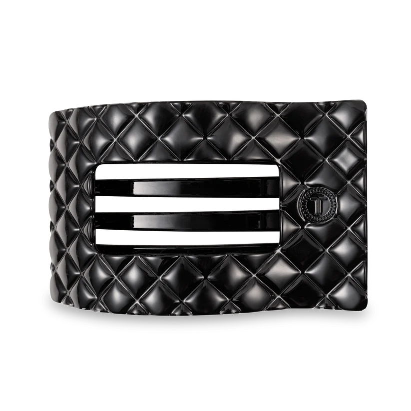 Large jet black quilted flat rectangle hair clip with a modern rectangular shape and comfortable flat-back design.