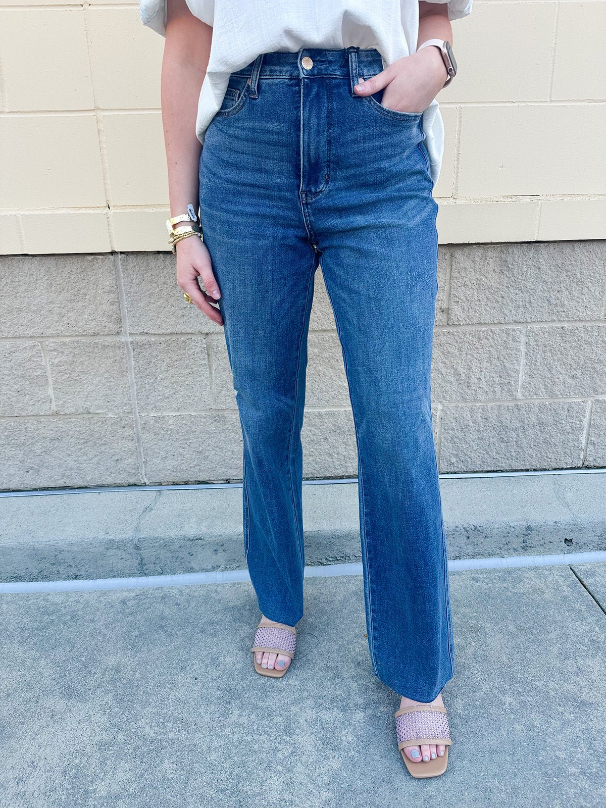 [Judy Blue] Eloise Tummy Control High Rise Raw Hem Straight Leg Jeans - The Pink Pineapple 850