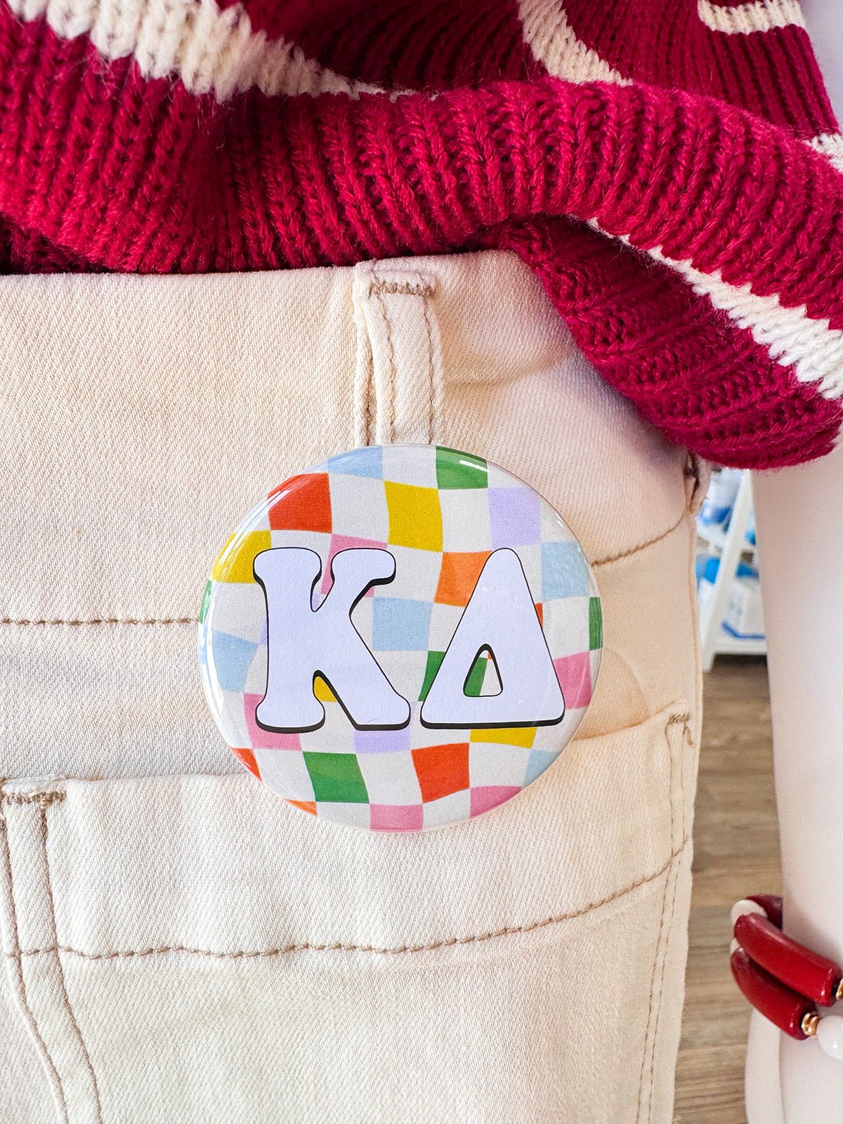 Kappa Delta Rainbow Checkered Button Pin - The Pink Pineapple 850