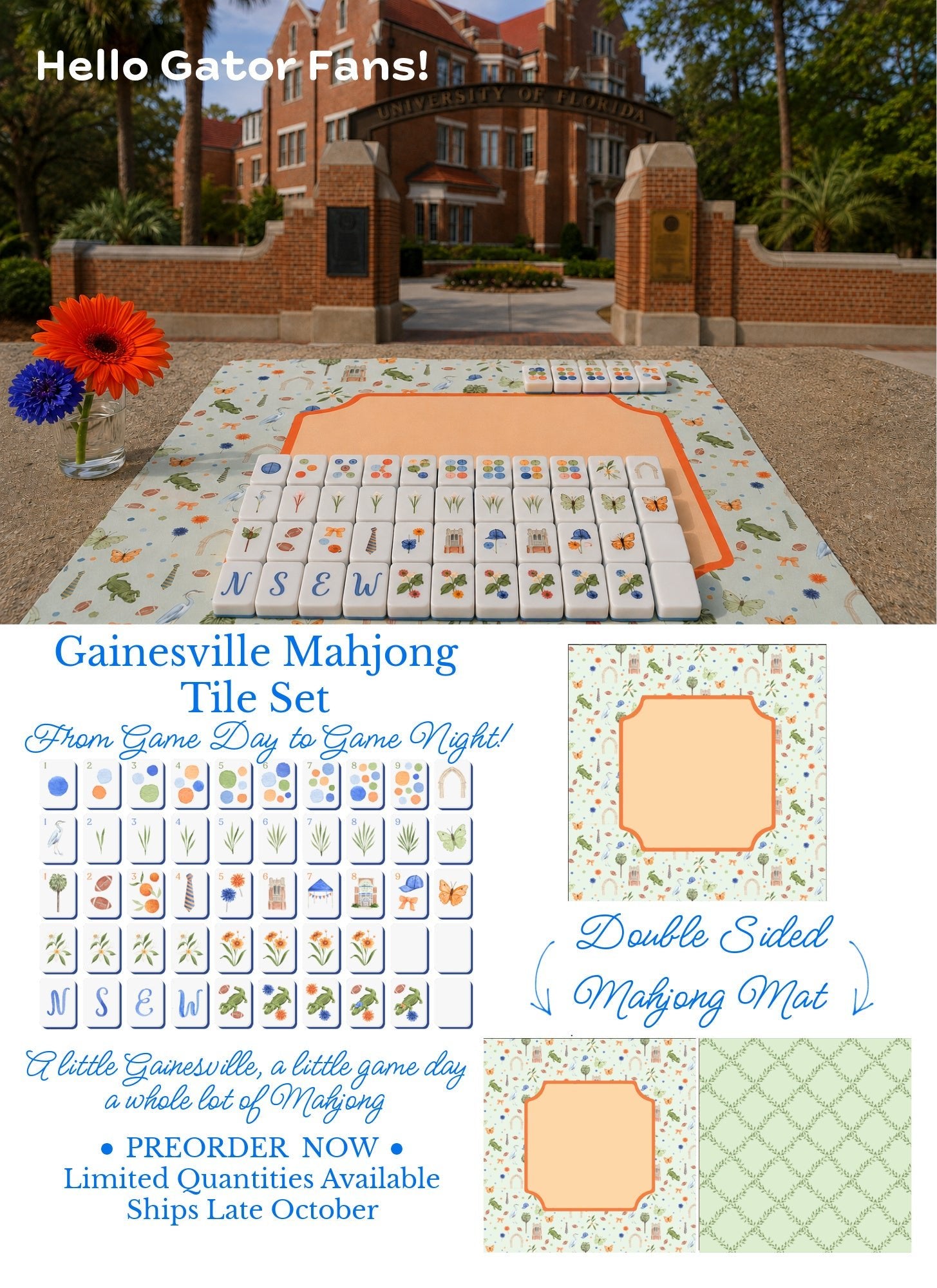 Limited Edition Gainesville Florida UF Gator Gameday Mahjong Tiles- PREORDER - The Pink Pineapple 850
