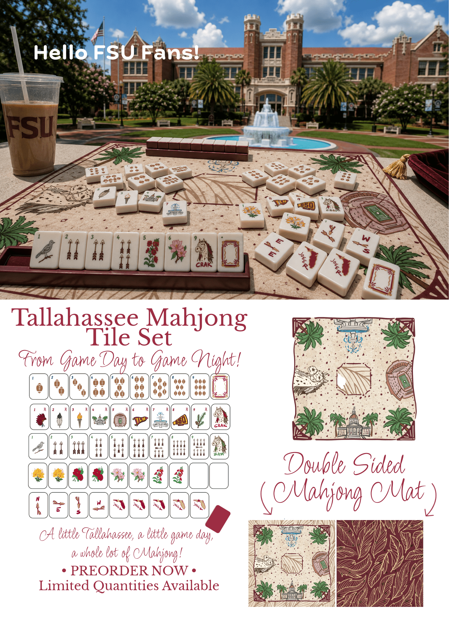 Limited Edition Tallahassee Florida Gameday Mahjong Tiles- PREORDER - The Pink Pineapple 850