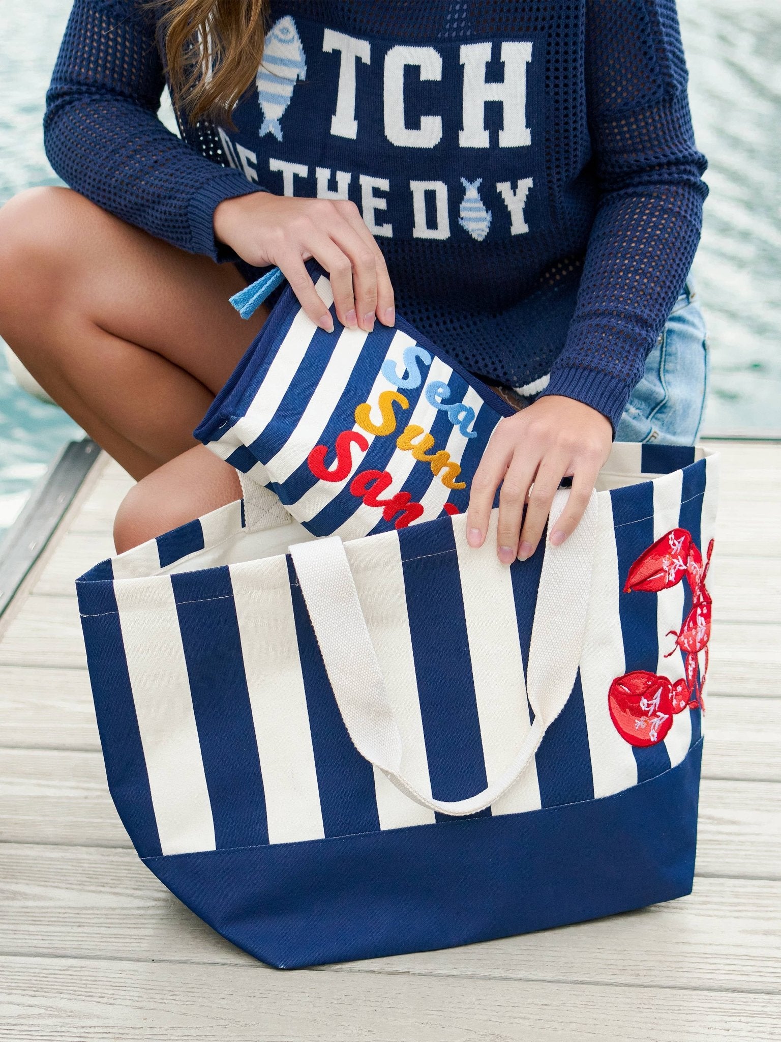 Lobster Striped Tote Navy - The Pink Pineapple 850