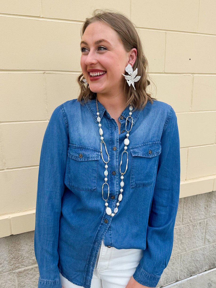 Long Pearl & Stone Necklace - The Pink Pineapple 850