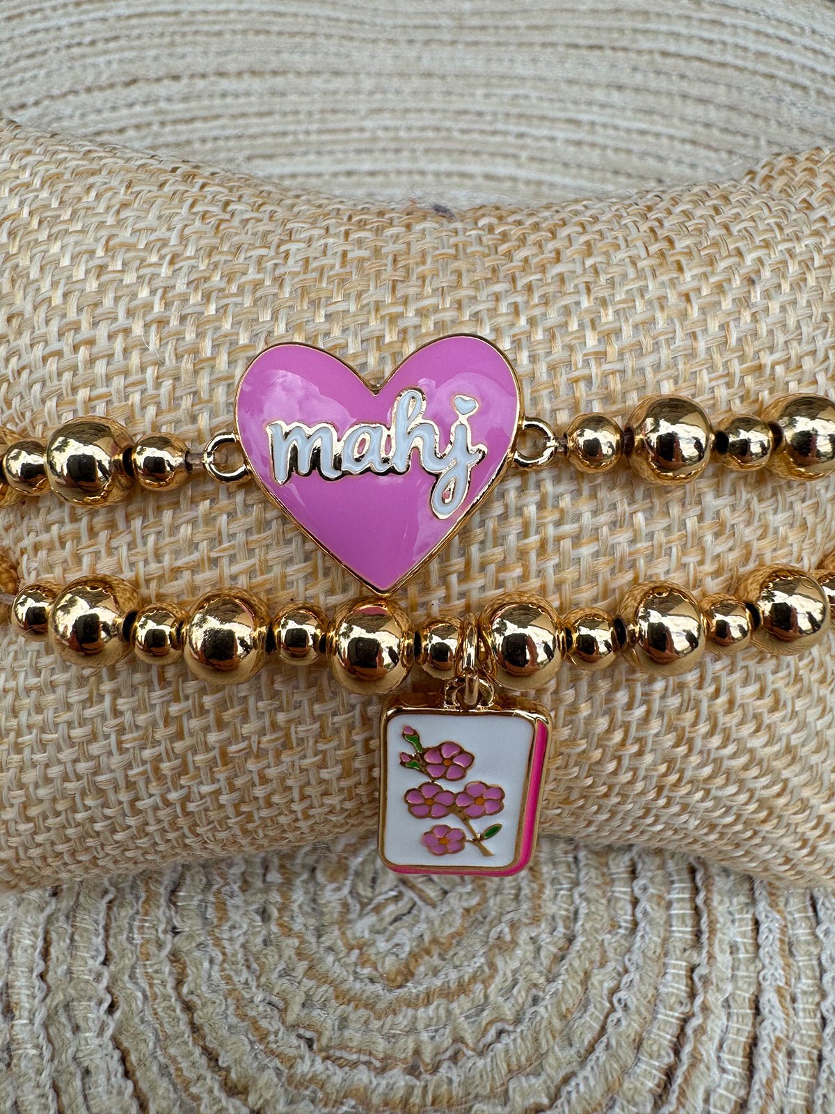 Mahj Cherry Blossom Tile Ball Bead Stretch Bracelet Set of 2 - The Pink Pineapple 850