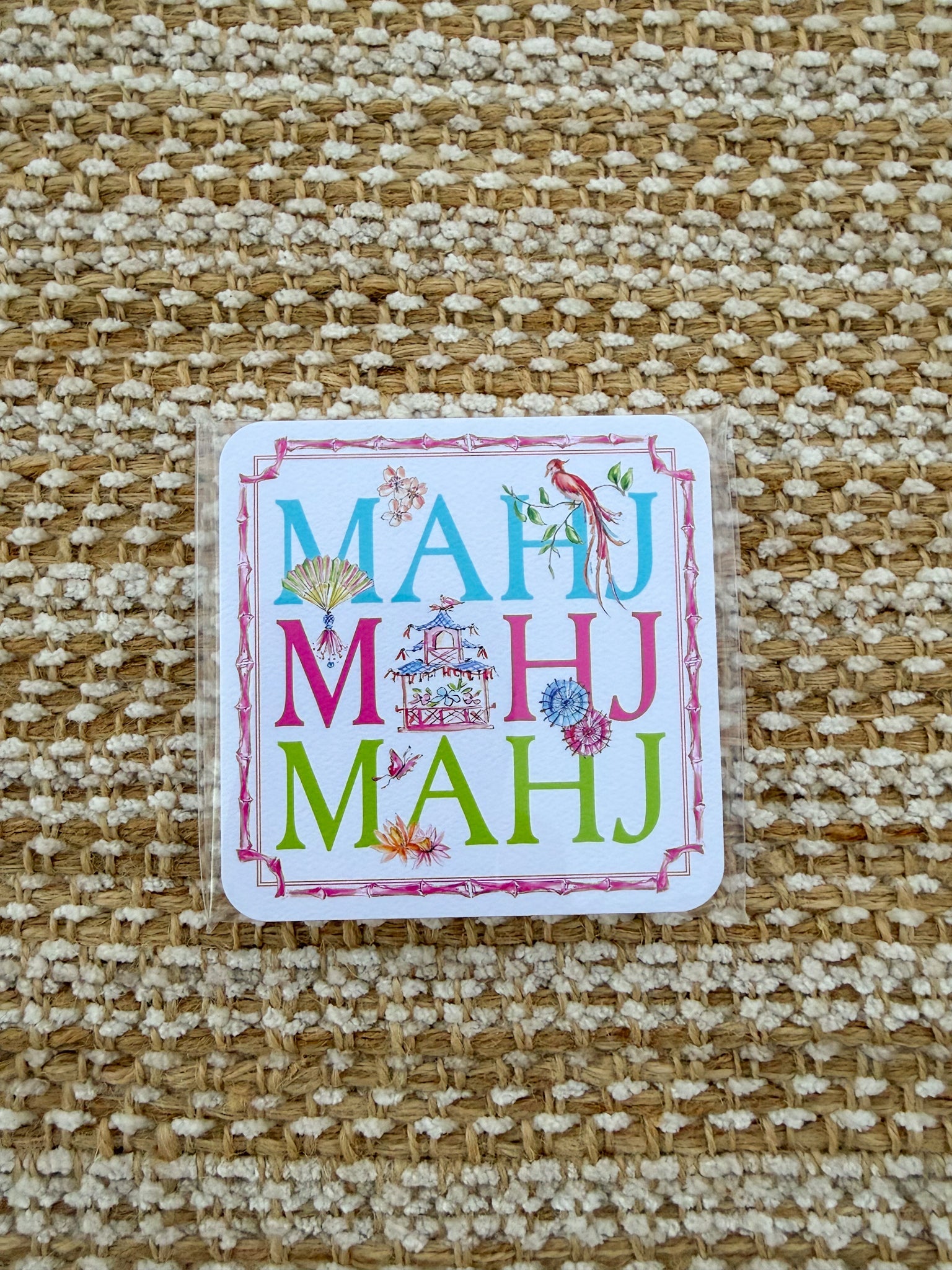 Mahj Mahj Mahj with Mahjong Icons Square Coaster - The Pink Pineapple 850